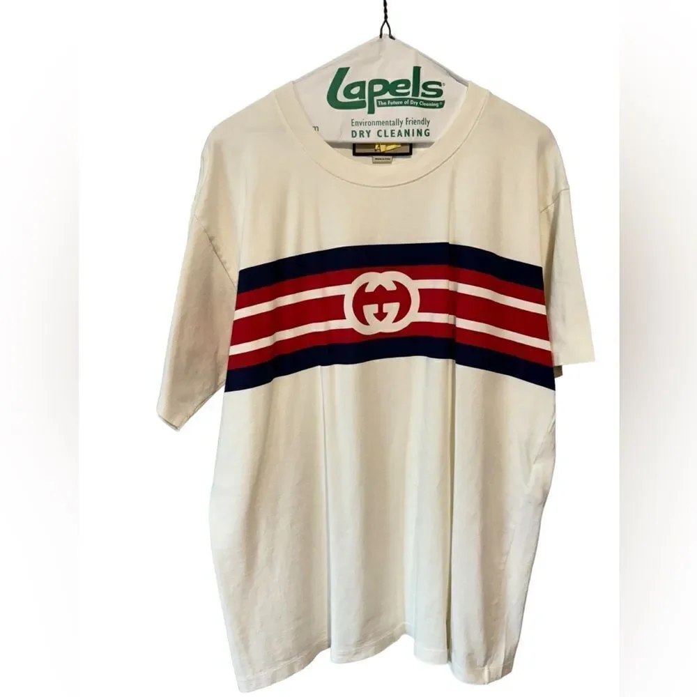 GUCCI AUTHENTIC INTERLOCKING G STRIPE PRINT T-SHIRT